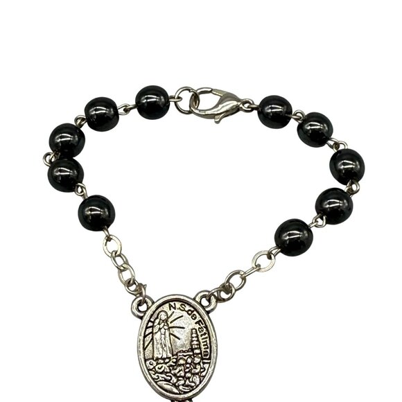 VTG Black Beads Our Lady of Fatima Rosary Chain Bangle Bracelet Silver Tone - Picture 5 of 6